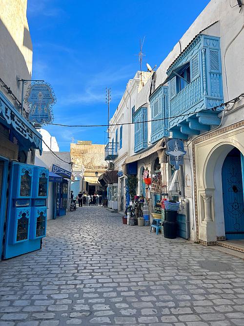 法拉在突尼斯看到的一条美丽的蓝色街道.